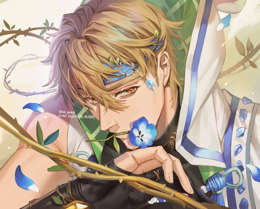 1boy, abs, bags_under_eyes, belt_collar, black_gloves, blonde_hair, blue_flower, blue_gem