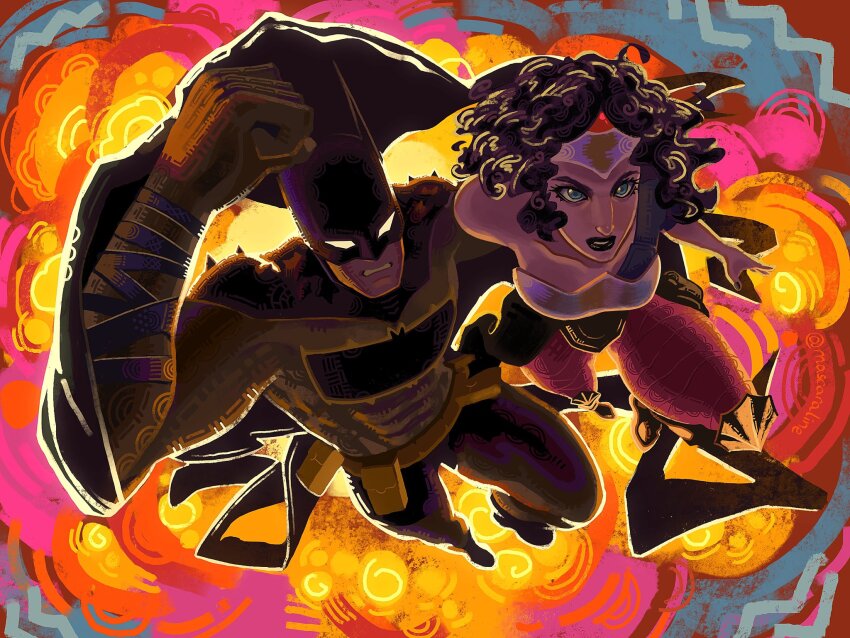 1boy, 1girl, absolute_batman, absolute_dc, absolute_wonder_woman, back_spikes, bat_mask, batman, batman_(absolute_dc), batman_symbol, belt, bodysuit, commentary, cowl, dc_comics, english_commentary, explosion, explosion_background, gilded_mascaraline, grey_bodysuit, highres, superhero_costume, wonder_woman, wonder_woman_(absolute_dc), wonder_woman_(series)