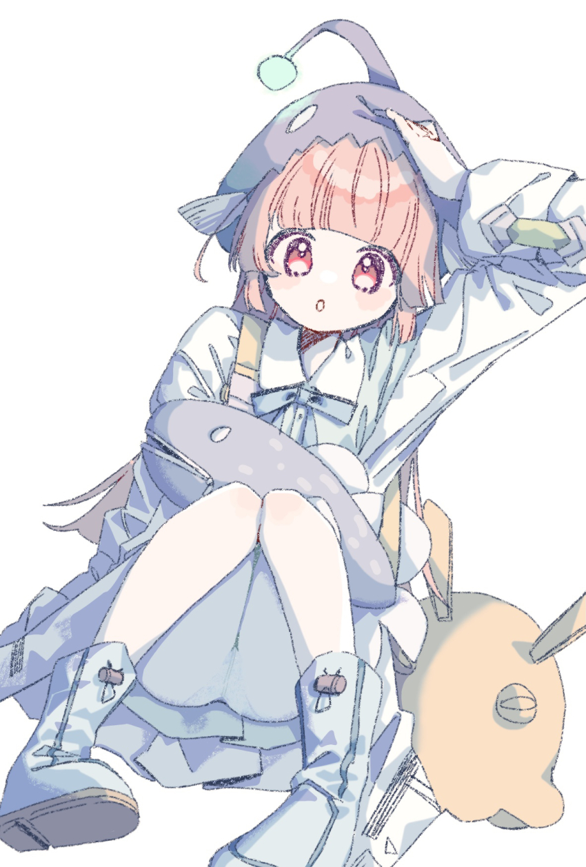 039nagyo, 1girl, :o, anglerfish_costume, arm_up, blue_boots, blunt_bangs, blunt_ends