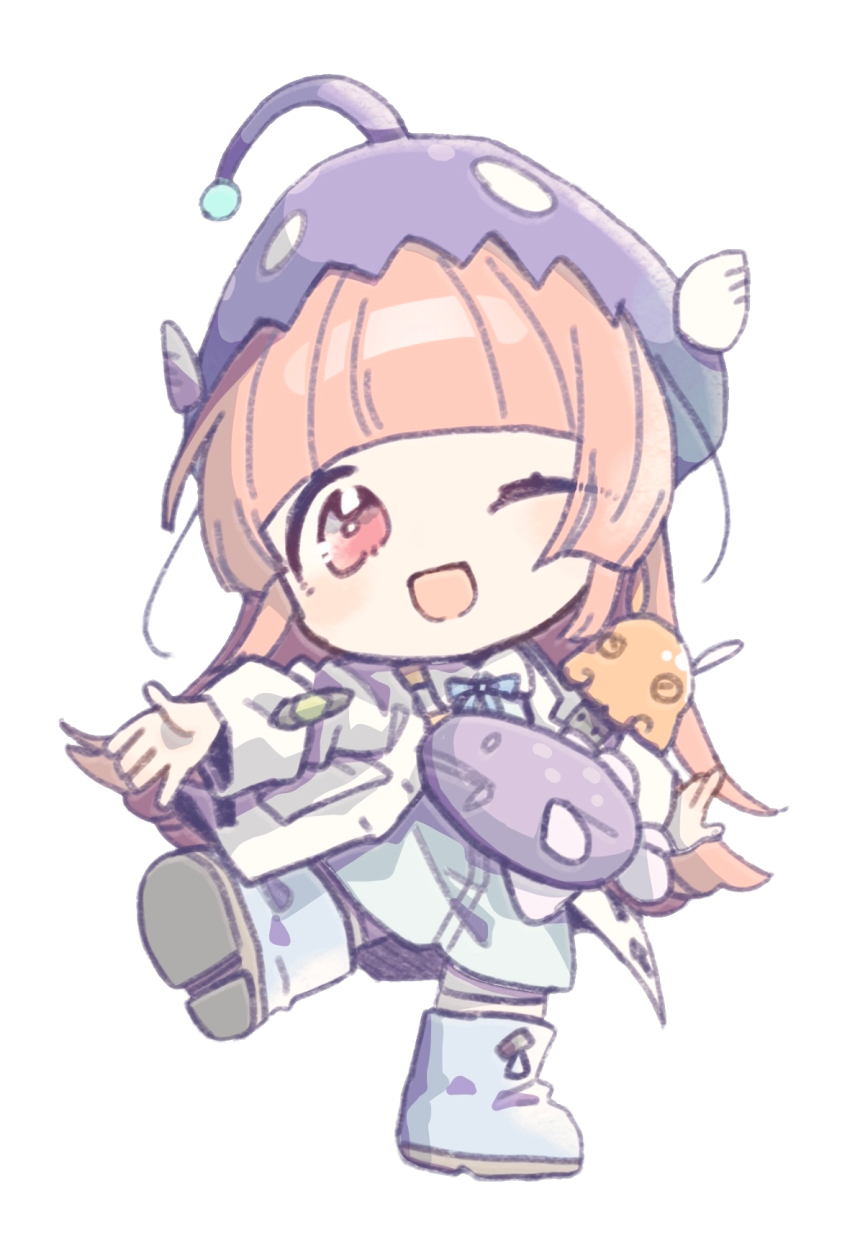 039nagyo, 1girl, ;d, anglerfish_costume, aqua_shirt, blue_boots, blunt_bangs, blunt_ends