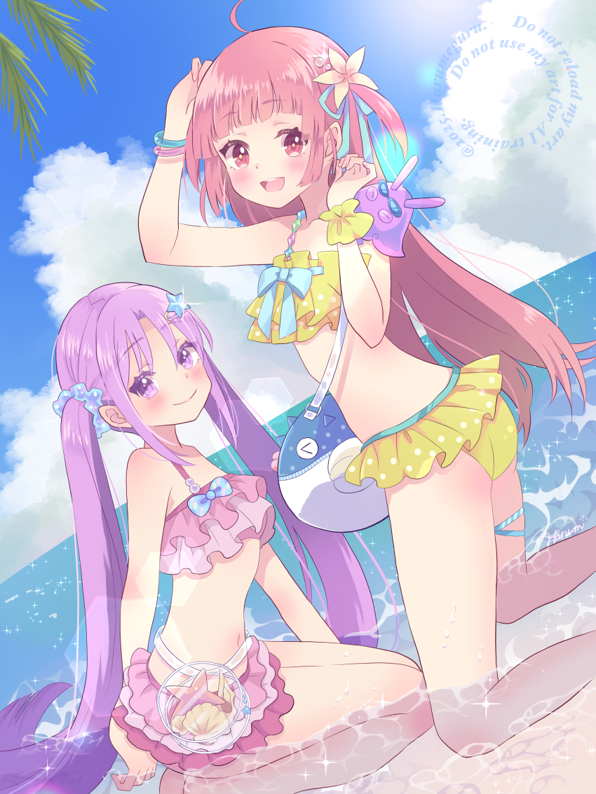 2girls, :d, absurdres, ahoge, ass, bag, beach, bikini, bikini_skirt, blue_ribbon, blue_sky, blunt_bangs, blush, bracelet, breasts, closed_mouth, cloud, cloudy_sky, commentary_request, day, dutch_angle, feet_out_of_frame, flower, frilled_bikini, frills, hair_flower, hair_ornament, happy, haru_meguru, heaven_burns_red, highres, horizon, jewelry, kneeling, kunimi_tama, kunimi_tama_(coral_reverie), lens_flare, long_hair, looking_at_viewer, mizuhara_aina, mizuhara_aina_(sparkling_summer_jumping!), multiple_bracelets, multiple_girls, navel, ocean, official_alternate_costume, official_alternate_hairstyle, open_mouth, outdoors, palm_tree, parted_bangs, pink_bikini, pink_hair, polka_dot, polka_dot_bikini, purple_eyes, purple_hair, red_eyes, red_hair, ribbon, ruffle_bikini, scrunchie, seashell, seiza, shell, shell_hair_ornament, shoulder_bag, sidelocks, sitting, sky, small_breasts, smile, sparkle, star_(symbol), star_hair_ornament, straight_hair, summer, swimsuit, teeth, thighs, tree, twintails, two_side_up, upper_teeth_only, very_long_hair, water, watermark, wrist_scrunchie, yellow_bikini, yellow_flower, yellow_scrunchie
