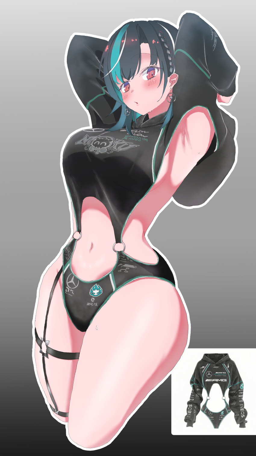 1girl, absurdres, aqua_streaks, black_hair, breasts, commentary, futamr2, hand_up