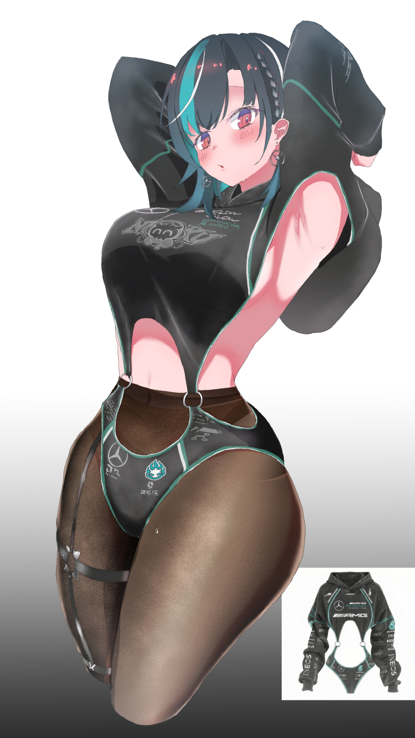 1girl, absurdres, aqua_streaks, black_hair, breasts, commentary, futamr2, hand_up, highres, hololive, hololive_dev_is, hood, hoodie, large_breasts, looking_at_viewer, multicolored_hair, navel, o-ring, o-ring_thigh_strap, open_mouth, pantyhose, pink_eyes, race_queen_two-piece, red_eyes, reference_inset, rindo_chihaya, solo, streaked_hair, sweat, thick_thighs, thigh_strap, thighs, underboob, untranslatable_commentary, virtual_youtuber, white_hair