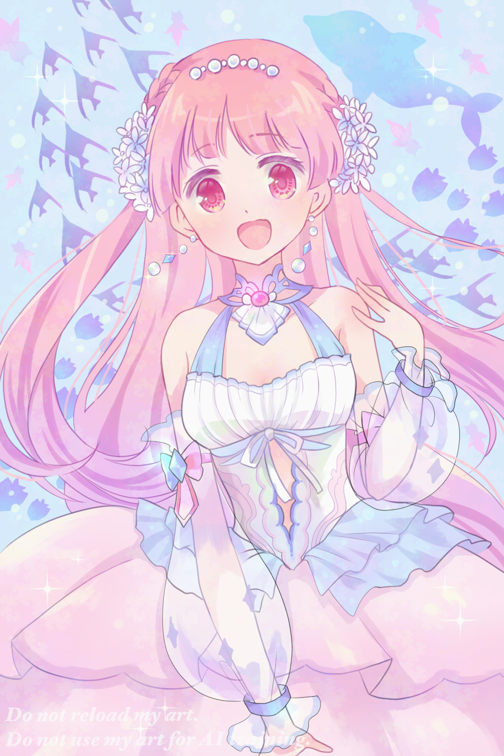 1girl, :d, adversarial_noise, bare_shoulders, blunt_bangs, blunt_ends, blush, braid