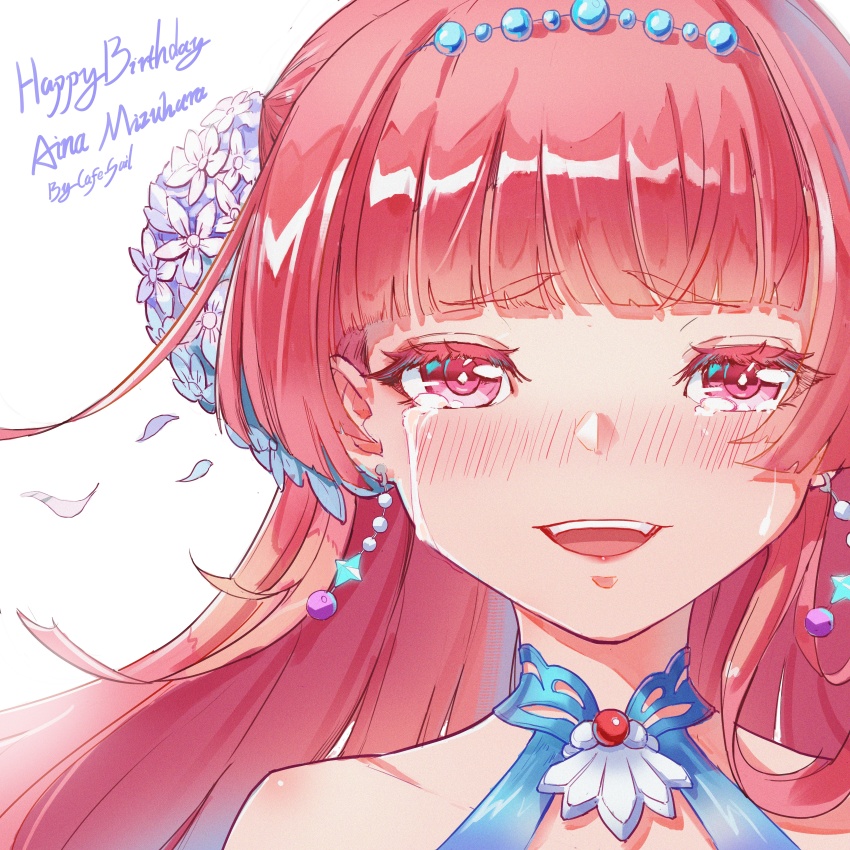 1girl, :d, absurdres, alternate_hairstyle, artist_name, blue_dress, blunt_bangs, blush