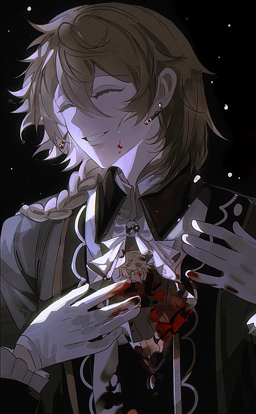 1481958711, 1boy, absurdres, ascot, black_background, blonde_hair, blood, blood_on_clothes