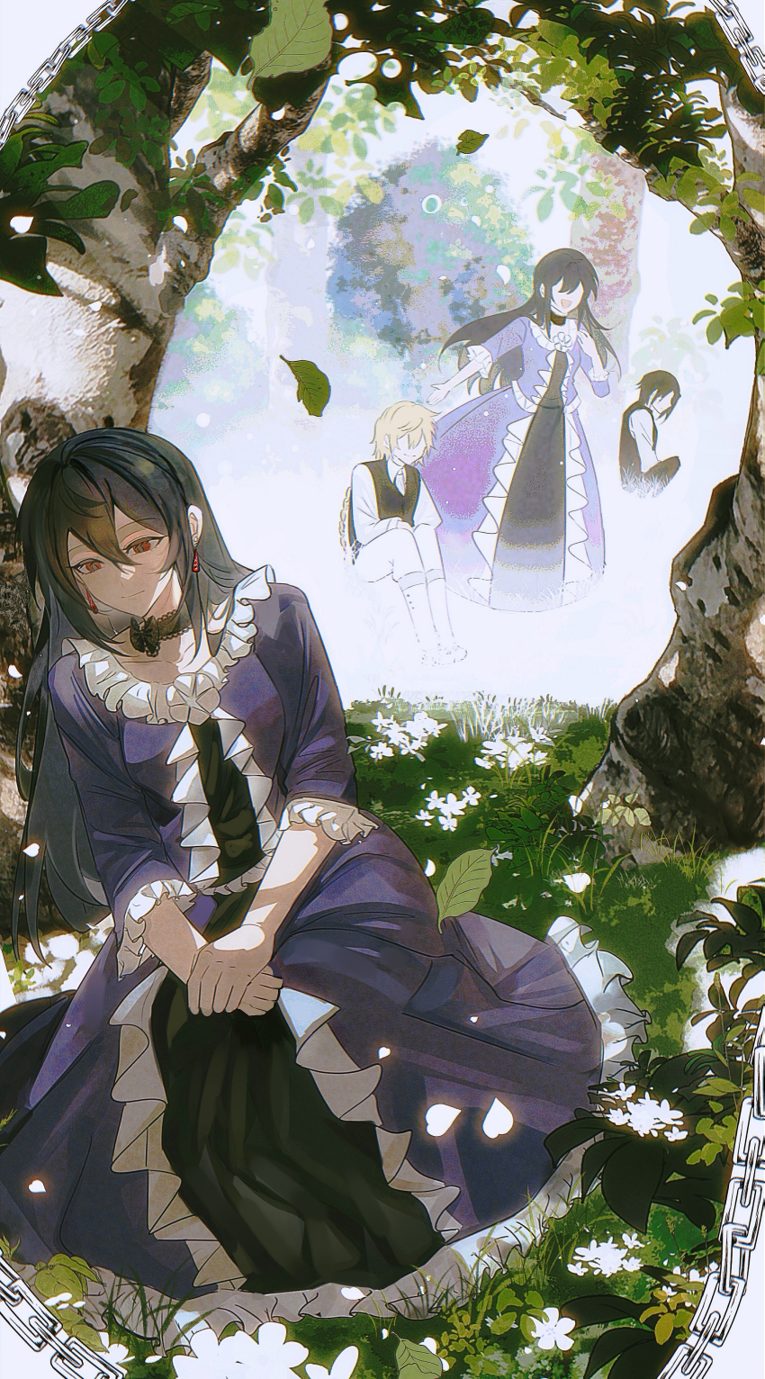 1481958711, 1girl, 2boys, absurdres, against_tree, black_choker, bloom, border