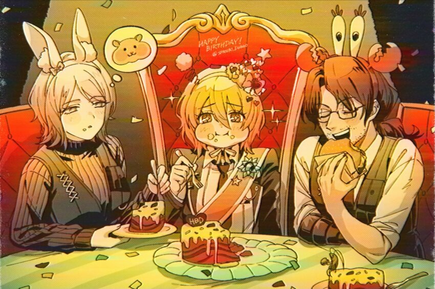 +_+, 1boy, 2girls, :d, animal_ear_fluff, animal_ear_hairband, animal_ears, arthropod_limbs