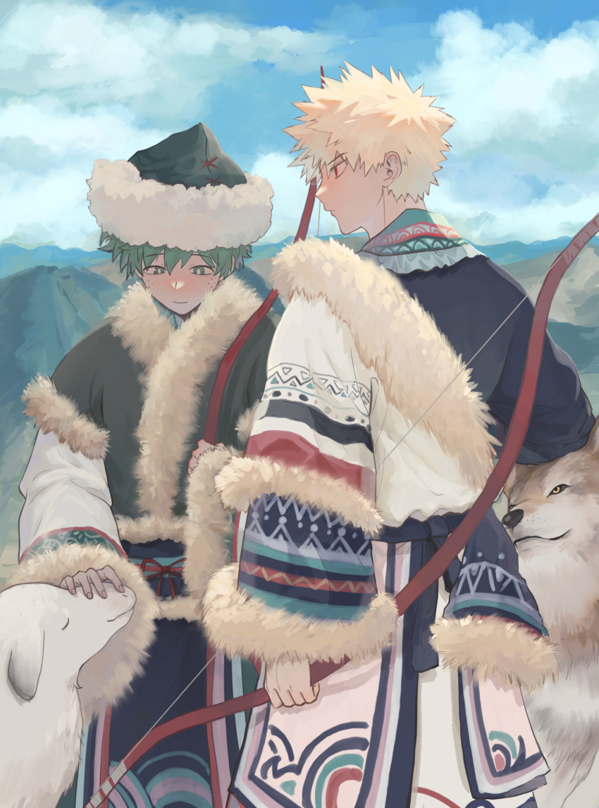 2boys, alternate_universe, animal, bakugou_katsuki, blonde_hair, boku_no_hero_academia, boku_no_hero_academia_7th_popularity_poll, bow_(weapon)