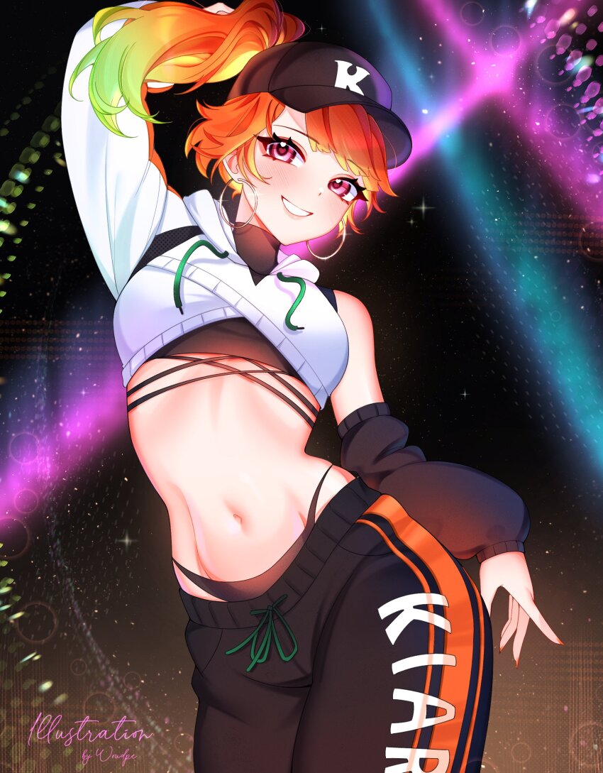 1girl, absurdres, baseball_cap, black_panties, commentary, earrings, ego_(takanashi_kiara), english_commentary