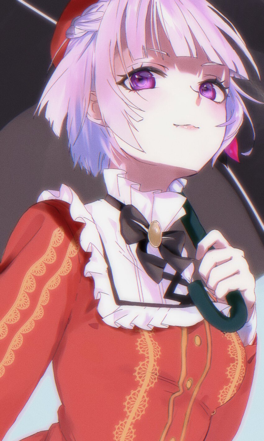 1girl, :3, angel_maker, black_bow, black_bowtie, black_umbrella, blunt_bangs, bow