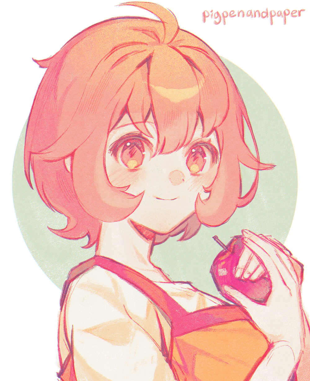 1girl, apple, artist_name, blush, bokujou_monogatari, bokujou_monogatari:_waku_waku_animal_march, camisole, closed_mouth, commentary_request, food, fruit, grey_background, hands_up, highres, hikari_(bokujou_monogatari), holding, holding_food, holding_fruit, looking_at_viewer, numbers_(pigpenandpaper), orange_camisole, red_eyes, red_hair, shirt, short_hair, smile, solo, two-tone_background, upper_body, white_background, white_shirt