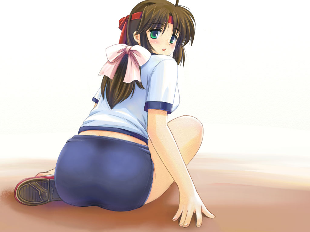 1girl, ass, blue_buruma, bow, brown_hair, buruma, dimples_of_venus, from_behind