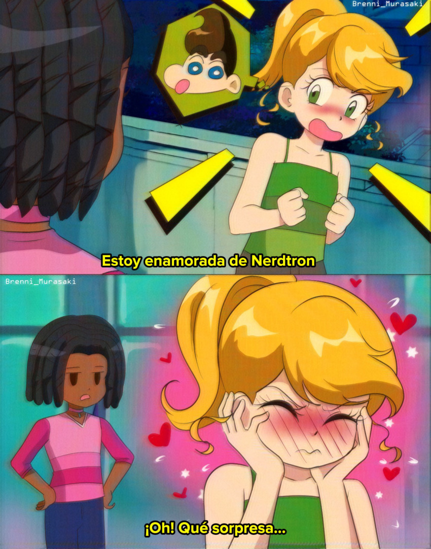 1990s_(style), 2girls, blonde_hair, brenni_murasaki, child, cindy_vortex, closed_mouth, collared_shirt