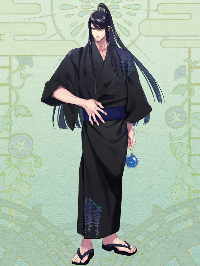 1boy, black_hair, black_kimono, blue_eyes, dairoku_ryouhei, full_body, green_background, hair_ornament