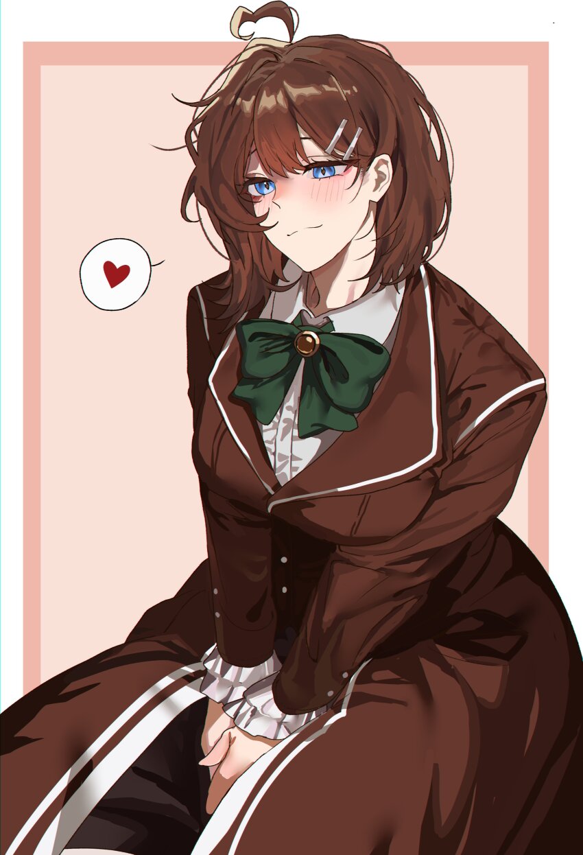 1girl, absurdres, ahoge, autisticheath, blue_eyes, blush, bow, bowtie