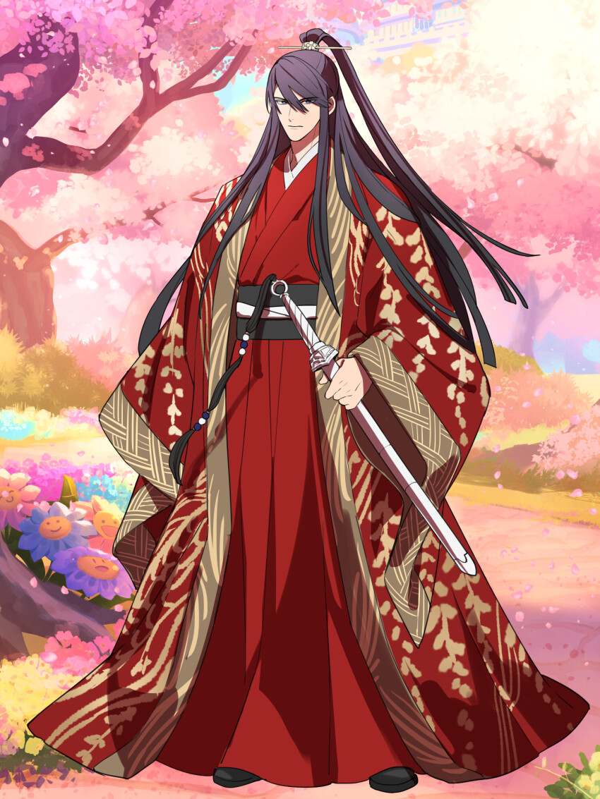 1boy, black_hair, black_shoes, blue_eyes, dairoku_ryouhei, hair_between_eyes, hair_ornament, hair_stick