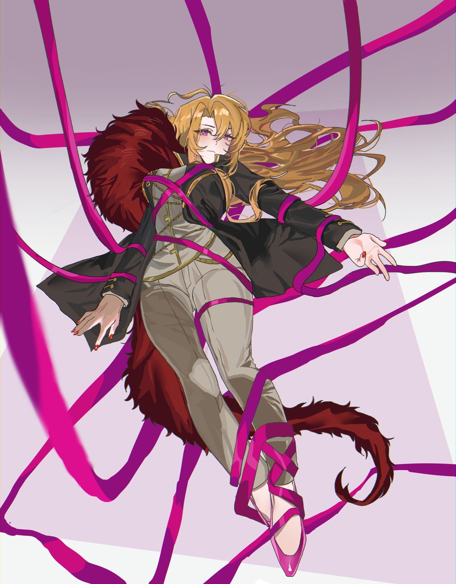 1girl, autisticheath, blonde_hair, breasts, closed_mouth, coat, commentary, don_quixote_(project_moon), e.g.o_(project_moon), english_commentary, frown, full_body, highres, large_breasts, limbus_company, long_hair, looking_at_viewer, pants, pink_eyes, pink_ribbon, pink_shoes, pink_shoes_(project_moon), project_moon, red_eyes, red_nails, ribbon, roseate_desire_(e.g.o), sancho_(project_moon), shirt, shoes, solo, white_pants, white_shirt