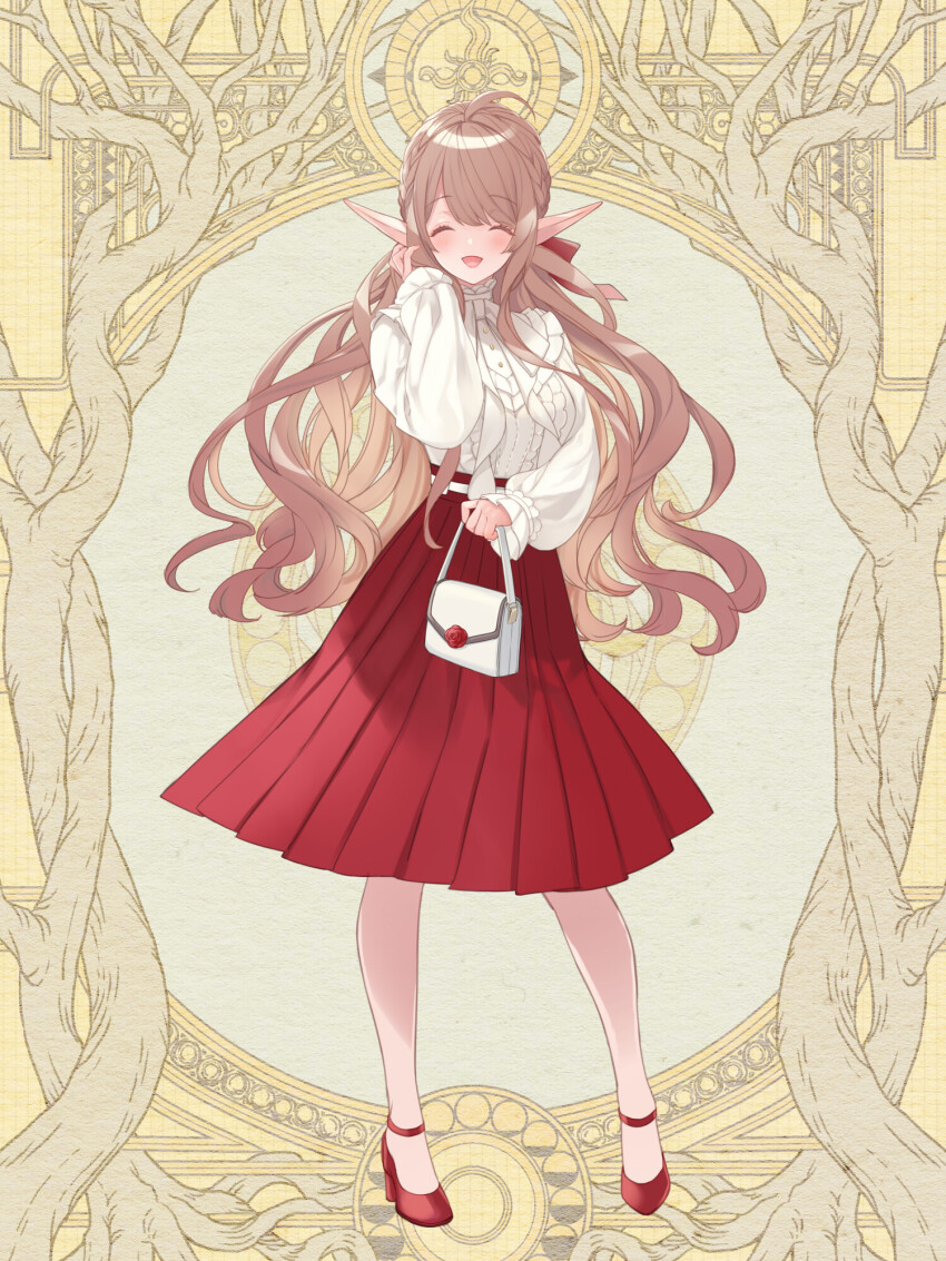 1girl, :d, bag, blush, bow, braid, brown_hair, closed_eyes