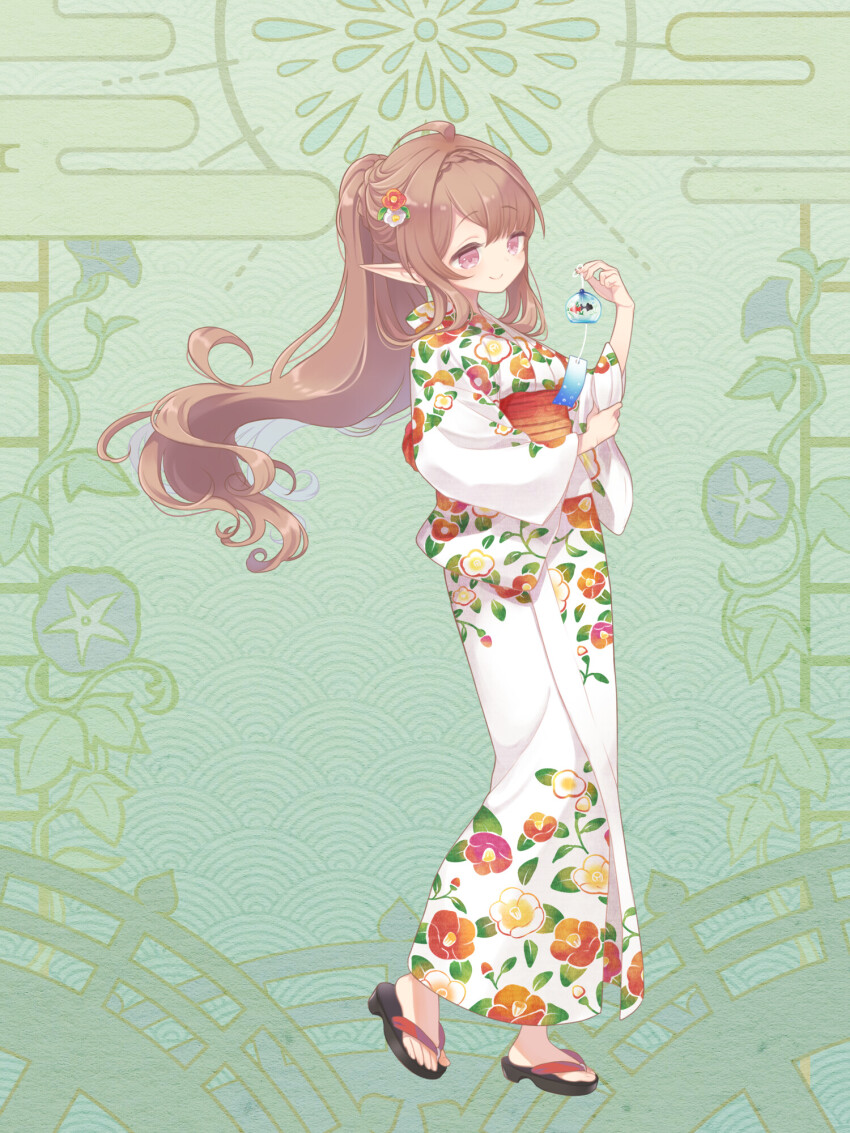 1girl, ahoge, braid, brown_hair, dairoku_ryouhei, floral_print, floral_print_kimono, flower