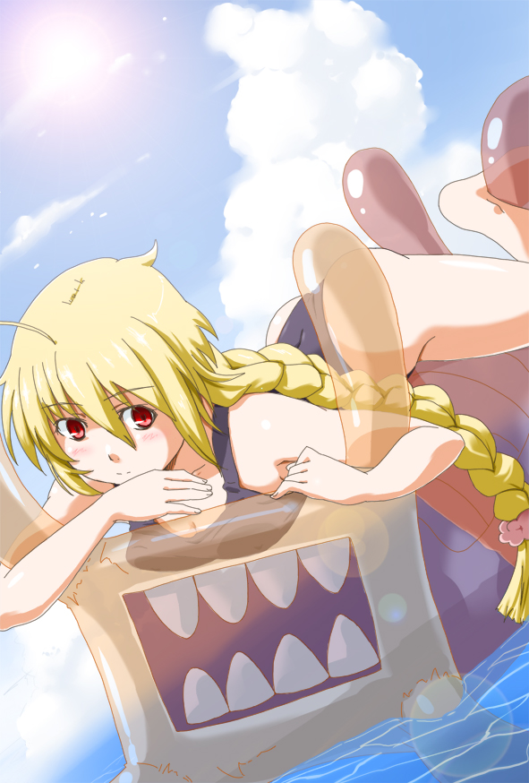 1girl, arc_system_works, ass, blazblue, blonde_hair, braid, breasts, cloud