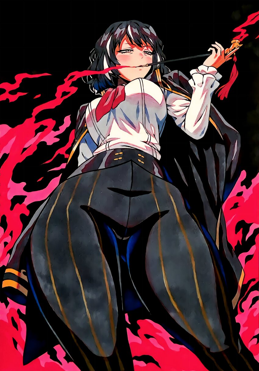 1girl, absurdres, black_giraffe, black_gloves, black_hair, black_pants, coat, coat_on_shoulders, colored_smoke, commentary, cowboy_shot, english_commentary, gloves, highres, holding, holding_smoking_pipe, limbus_company, long_sleeves, looking_afar, moses_(project_moon), multicolored_hair, pants, project_moon, red_handkerchief, shirt, short_hair, simple_background, smoke, smoking_pipe, streaked_hair, the_distortion_detective, thick_thighs, thighs, upper_body, white_shirt, yellow_eyes