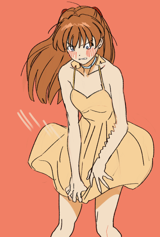 1girl, blue_eyes, blush, brown_hair, clenched_teeth, dress, embarrassed, feet_out_of_frame