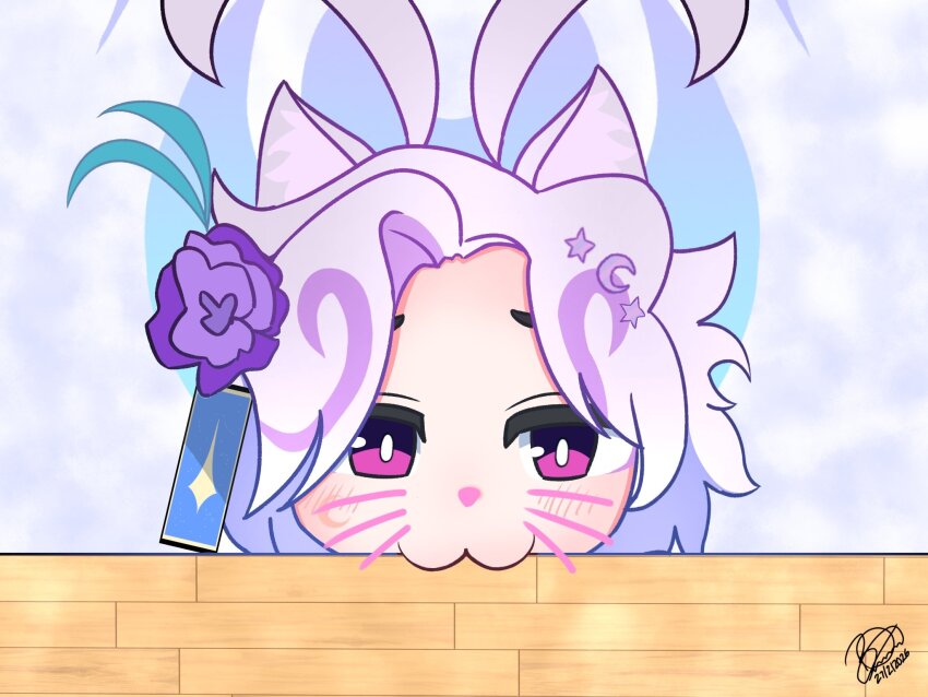 1girl, :3, ahoge, animal_ears, biting, cat_ears, cat_girl, do_you_want_to_pet_my_cat_(meme), flower, hair_flower, hair_ornament, halo, jewelry, moon_print, nikolai_(artist), pendant, purple_eyes, purple_hair, short_hair, yumemiko_mirai, yumemiko_mirai_(nexus)