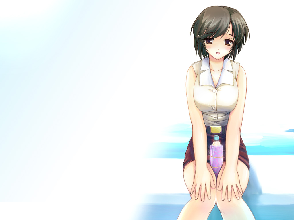 1girl, bare_arms, belt, between_thighs, black_belt, black_hair, bottle, bottle_between_thighs