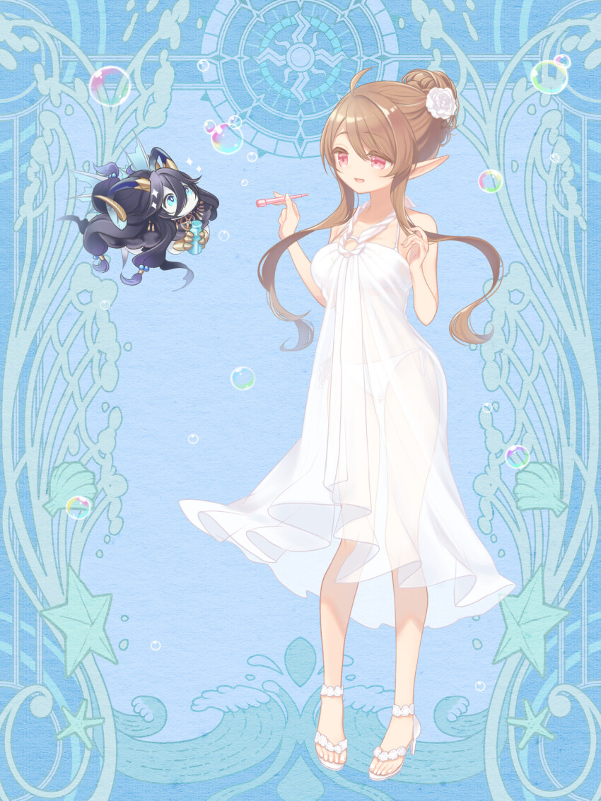 1girl, ahoge, blowing_bubbles, blue_background, breasts, bubble, dairoku_ryouhei, dress