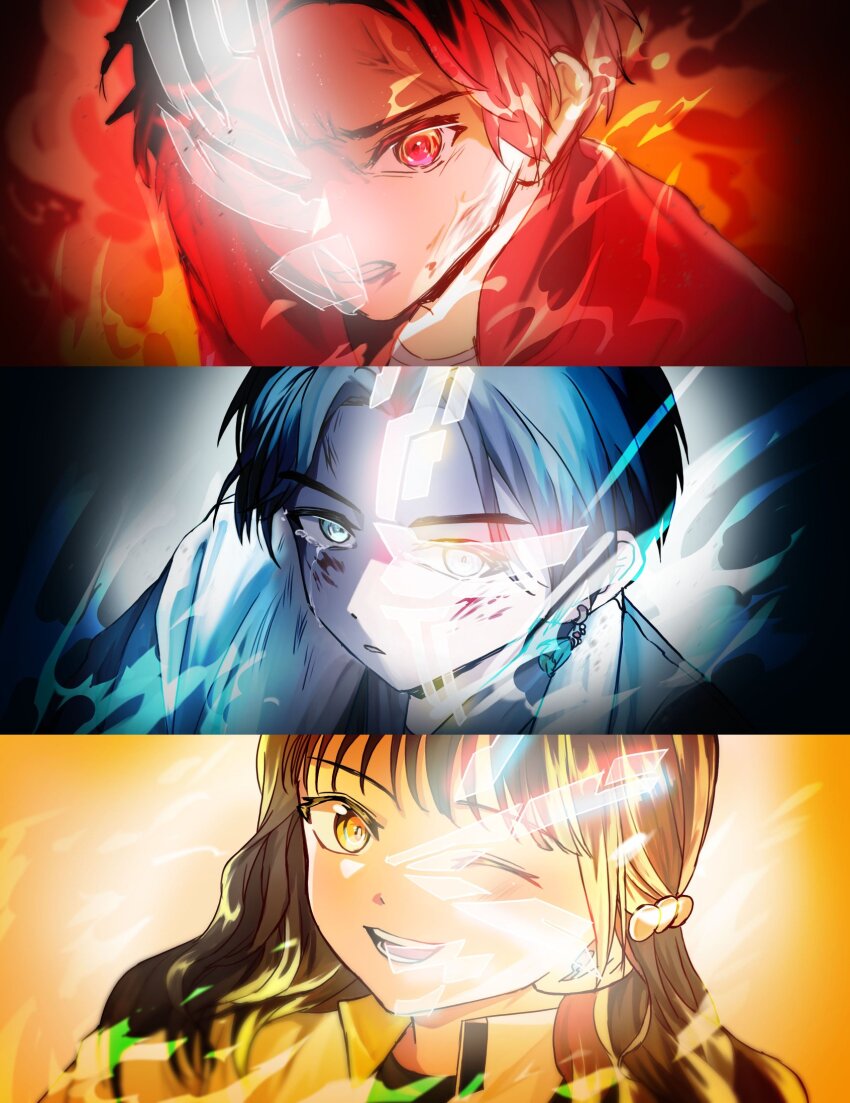 1girl, 2boys, blue_fire, character_request, chou_uchuu_keiji_gavan_infinity, close-up, fire, gavan_bushido