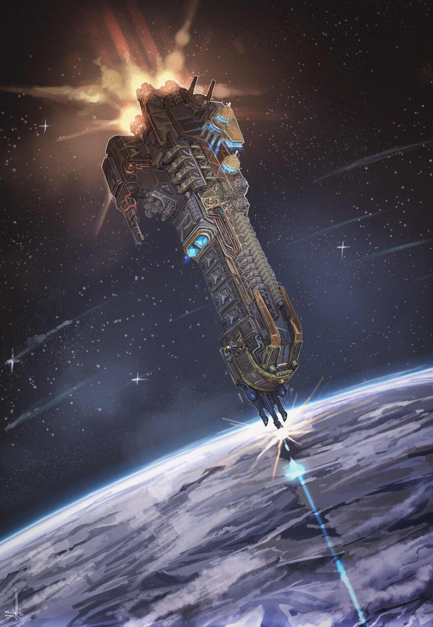absurdres, commentary, energy_cannon, firing, flying, glowing, highres, in_orbit, nictanova, no_humans, orbital_strike, planet, science_fiction, space, spacecraft, spacecraft_turret, star_(sky), thrusters, vehicle_focus, warhammer_40k