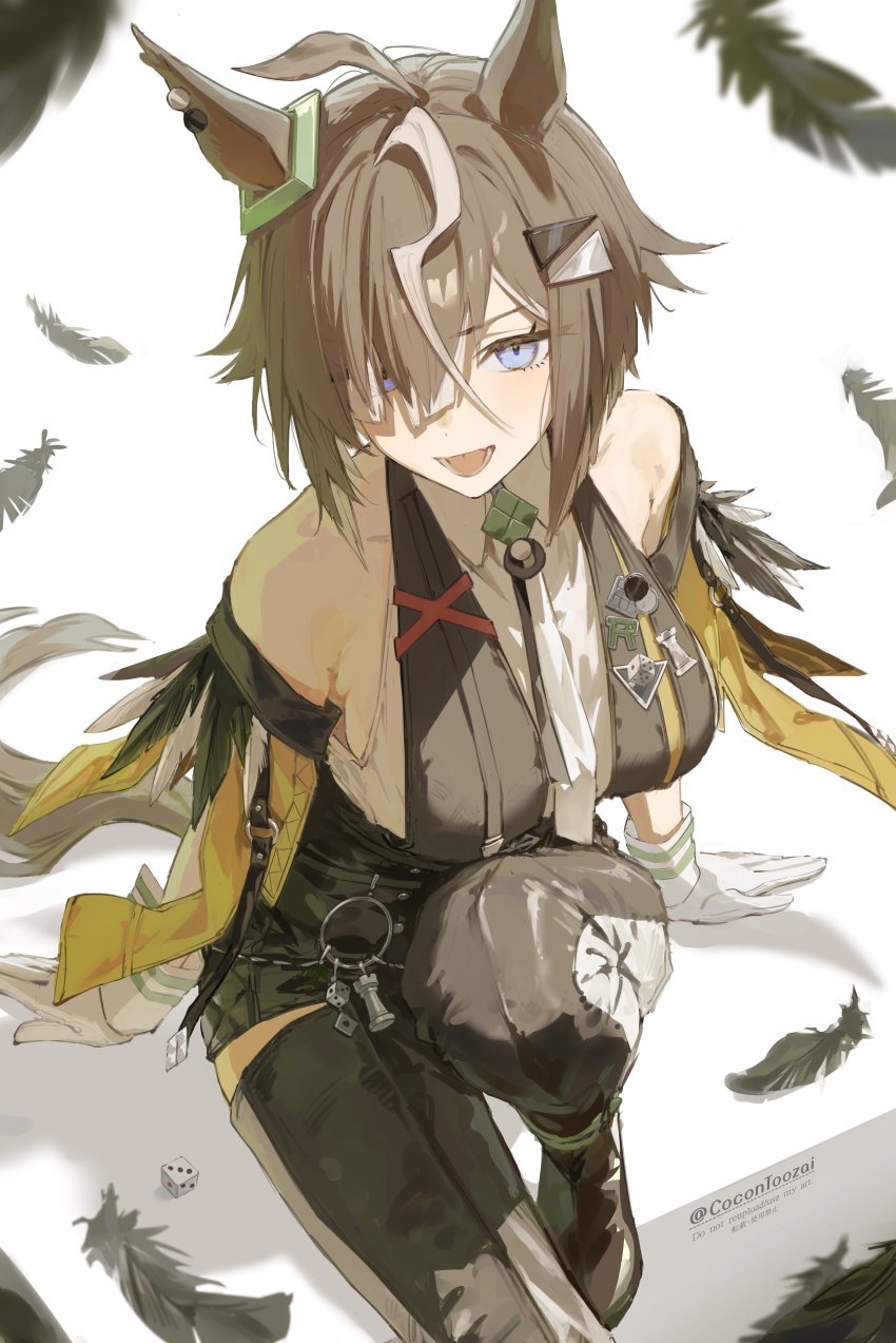 1girl, absurdres, animal_ears, arm_support, artist_name, bare_shoulders, black_feathers, black_shorts