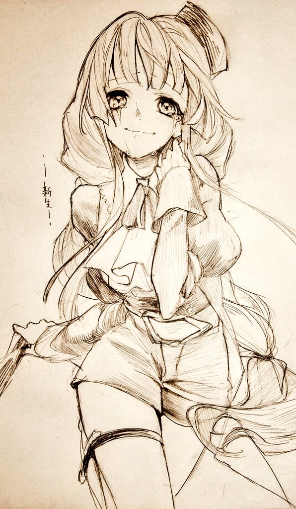 1girl, ascot, belt, blunt_bangs, braid, closed_mouth, cowboy_shot, crying, crying_with_eyes_open, grimms_notes, hand_up, hat, juliet_(grimms_notes), juliet_(shinsei)_(grimms_notes), juliet_sleeves, light_smile, long_hair, long_sleeves, looking_at_viewer, monochrome, puffy_sleeves, shino_(5no), shorts, smile, solo, tears, translation_request, very_long_hair