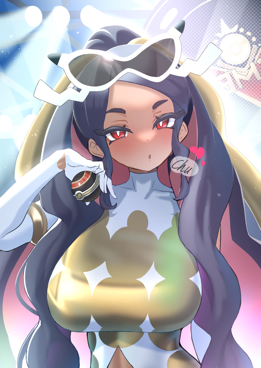 1girl, black_hair, blowing_kiss, bright_pupils, caraway_(pokemon), clothing_cutout, colored_inner_hair, commentary_request