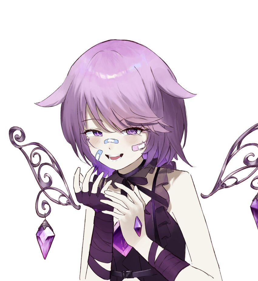 1girl, bandaid, bobsta01, chest_jewel, gem, gem_on_hand, hololive, hololive_english, koseki_bijou, koseki_bijou_(casual), lapwing_(vrchat), looking_at_viewer, purple_eyes, purple_hair, tagme, virtual_youtuber, wings