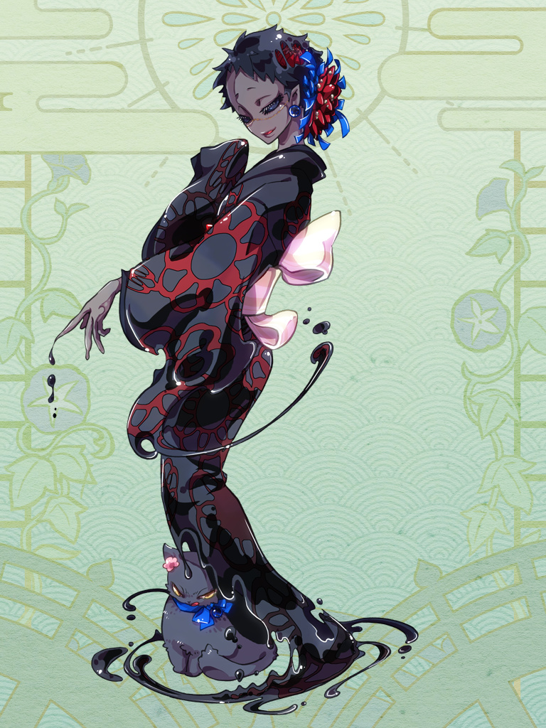 1girl, back_bow, black_hair, black_kimono, black_sclera, bow, cat, colored_sclera, dairoku_ryouhei, dark-skinned_female, dark_skin, earrings, green_background, hand_up, ink, japanese_clothes, jewelry, kimono, kuragiri_manako, momenko_(tw), pointy_ears, short_hair, smile