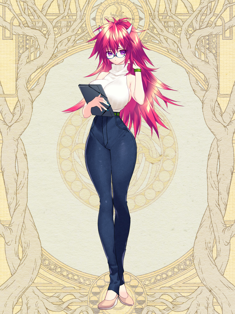 1girl, belt, black_pants, blue_nails, breasts, dairoku_ryouhei, fran_stilleto, full_body