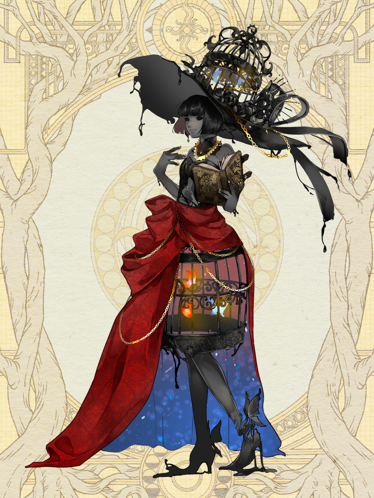 1girl, birdcage, black_hair, black_hat, black_sclera, bob_cut, book, bug, butterfly, cage, chain, colored_sclera, colored_skin, dairoku_ryouhei, full_body, grey_skin, hat, hat_ornament, holding, holding_book, ink, insect, jewelry, kuragiri_manako, necklace, red_skirt, short_hair, skirt, standing, sun_hat, tsukino_(tw), yellow_background