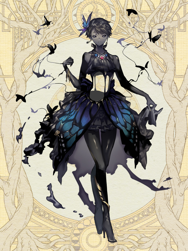 1girl, black_boots, black_dress, black_sclera, boots, butterfly_hair_ornament, colored_sclera, colored_skin