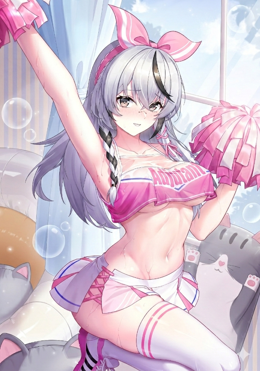 1girl, arm_up, armpits, black_hair, breasts, cheerleader, cherno_kegaard, curtains