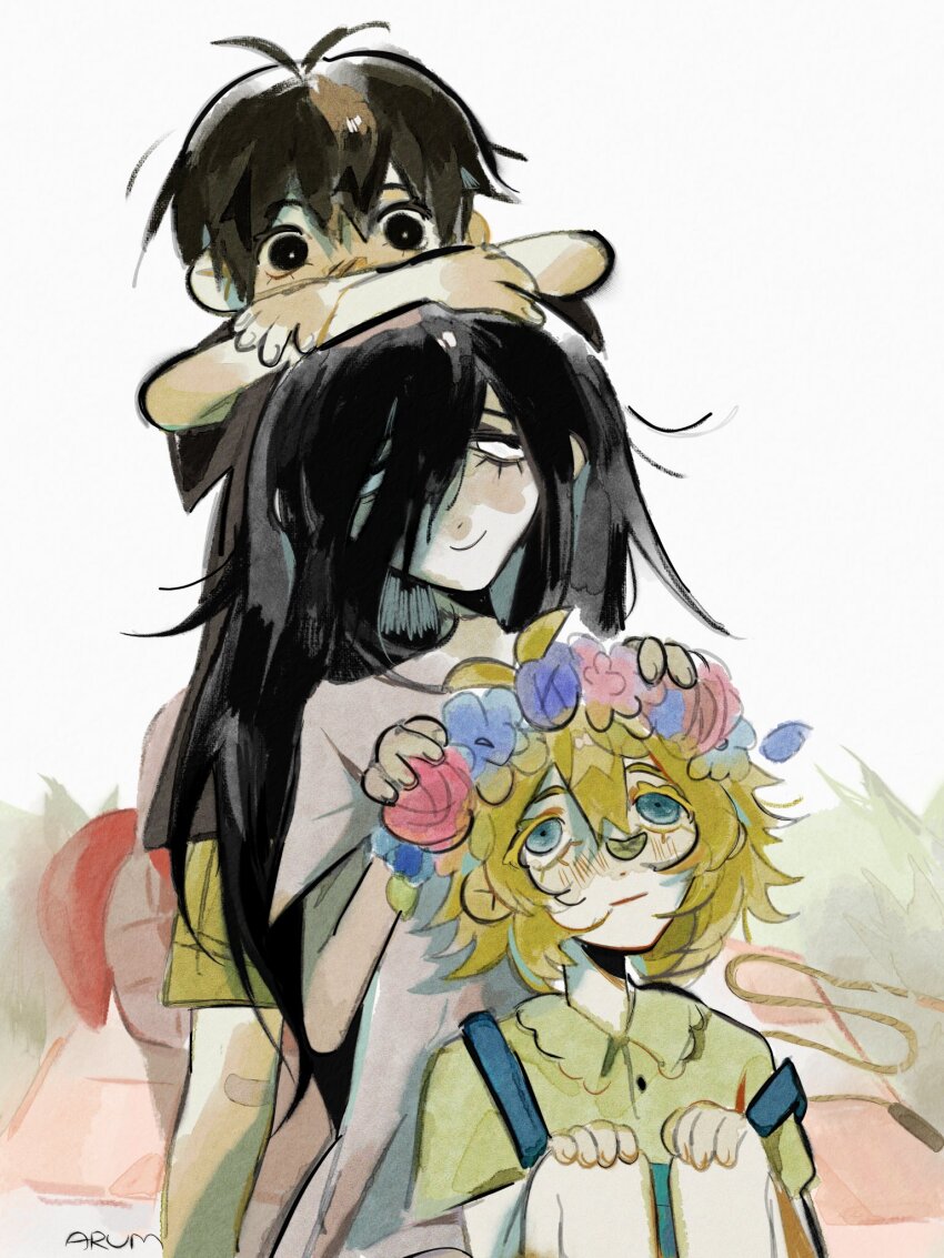 1girl, 2boys, alternate_costume, antenna_hair, arum_0m0, basil_(faraway)_(omori), basil_(omori), black_eyes