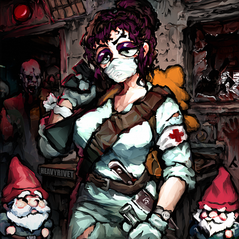 1girl, beard, belt, breasts, broken_window, brown_belt, commentary, english_commentary