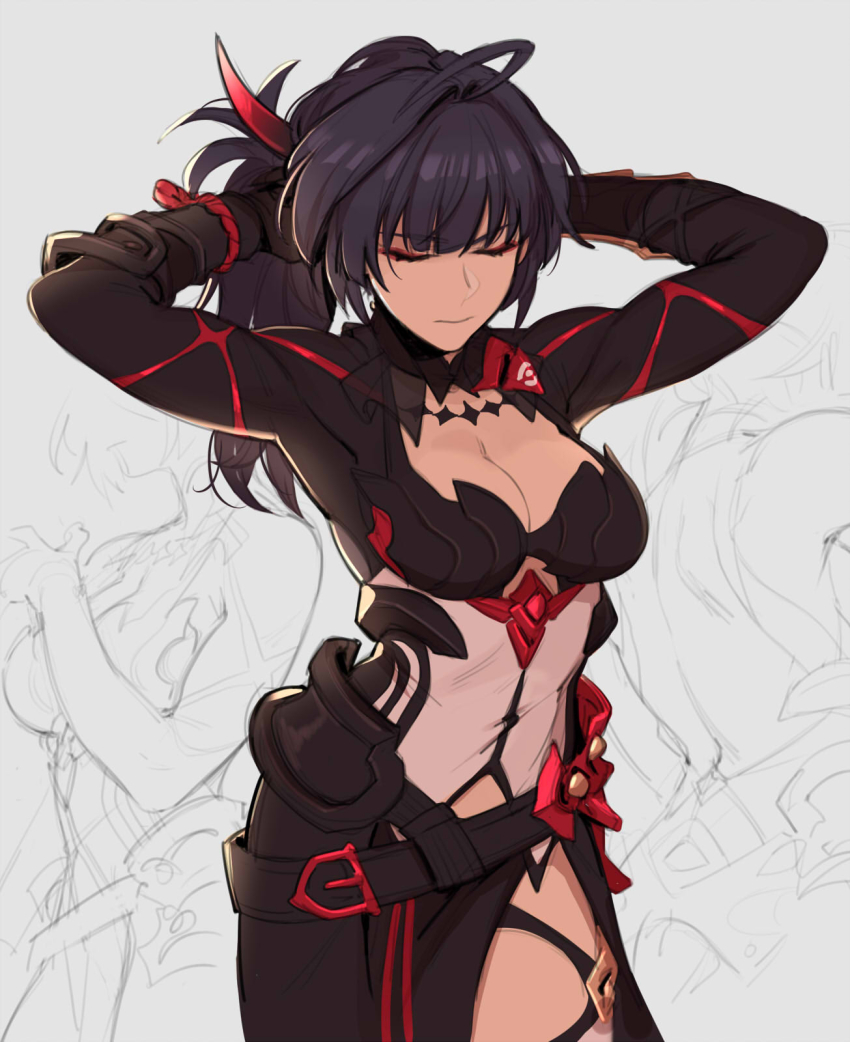 1girl, ahoge, armor, arms_behind_head, belt, black_gloves, black_hair, breasts