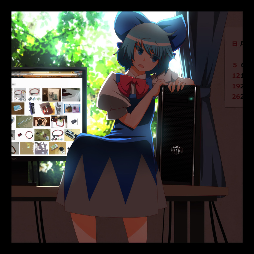 1girl, bad_id, bad_pixiv_id, blue_dress, blue_eyes, blue_hair, border, bow, bowtie, calendar, calendar_(object), cirno, colored_eyelashes, commentary, computer, curtains, dress, female_focus, google, google_chrome, hair_between_eyes, hair_bow, highres, kasuteru, looking_away, matching_hair/eyes, monitor, mundane_utility, on_table, open_mouth, sitting, solo, table, touhou, window