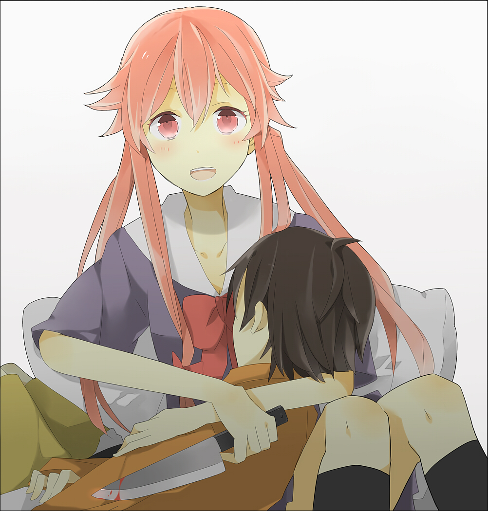 1boy, 1girl, :d, amano_yukiteru, bad_id, bad_pixiv_id, black_hair, blood, blush, bow, couple, gasai_yuno, hetero, hug, knife, long_hair, mirai_nikki, open_mouth, pink_eyes, pink_hair, school_uniform, smile, tashite, twintails, weapon, yandere