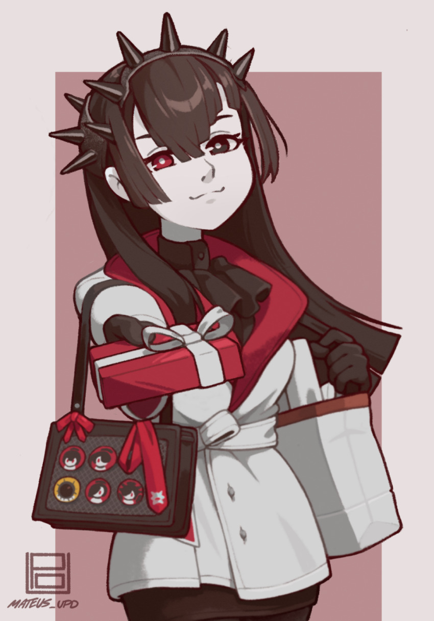 1girl, abyssal_ship, badge, bag, black_bag, black_boots, black_dress, black_eyes