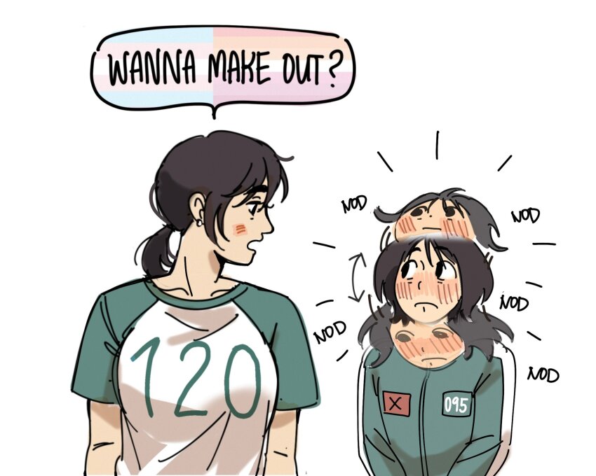 2girls, afterimage, arms_at_sides, arrow_(symbol), black_eyes, blush, breasts, brown_hair