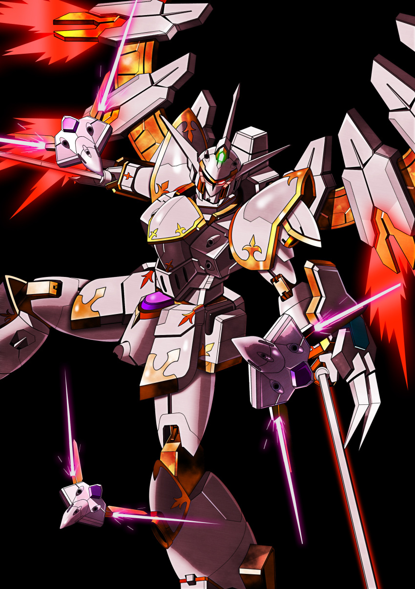 absurdres, bit_(gundam), black_background, cal-re.a, commentary_request, dual_wielding, funnels_(gundam), glowing