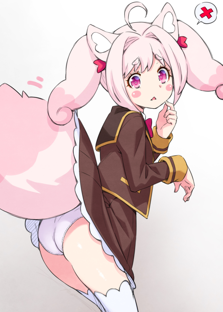 1girl, ahoge, animal_ears, blush_stickers, bow, bowtie, brown_jacket, brown_skirt